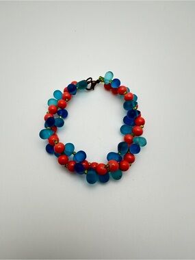 Handcrafted Retro Blue and Pink Beaded Bracelet